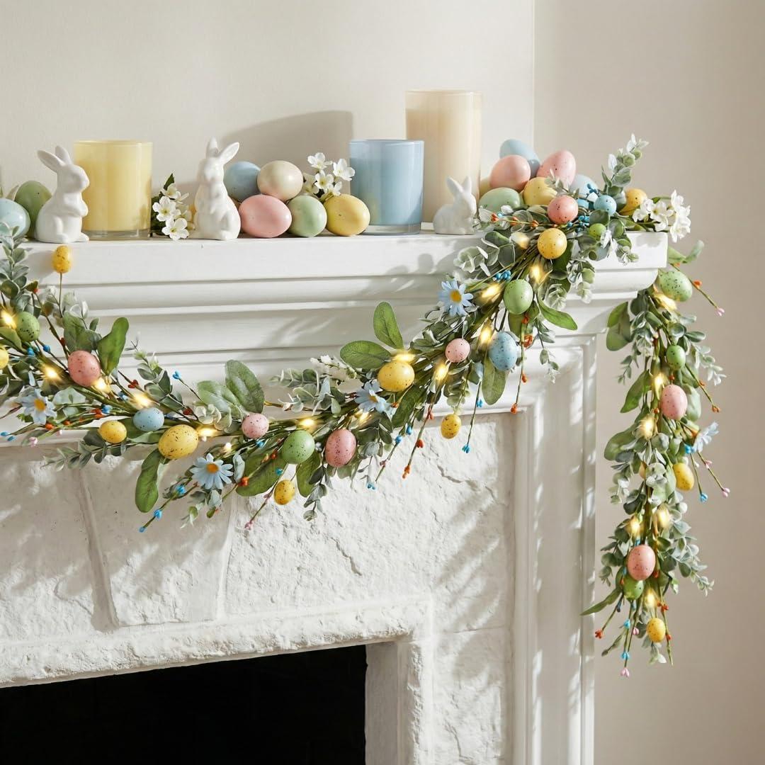 5.7FT Spring Garland with Pastel Eggs, PVC Plastic Material, Green Eucalyptus Leaves and Berries, Decorative for Home, Fireplace, Doorway and Table (Easter-Garland, 5.7ft)