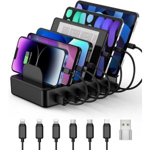 CREATIVE DESIGN 50W 6 Ports Multi Charger Station with 6 Charging Cables, USB Charging Dock for Multiple Devices, Compatible with Cellphone iPad Kindle Tablet and Other Electronic Devices (Black)