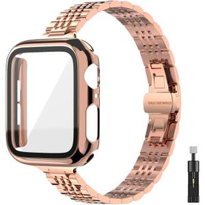 Thin Women Band Compatible with Apple Watch  with Face Cover, Stainless Steel for Metal iwatch Band Series 9 8 7 6 5 4 3 2 1 SE. Size: 45mm
