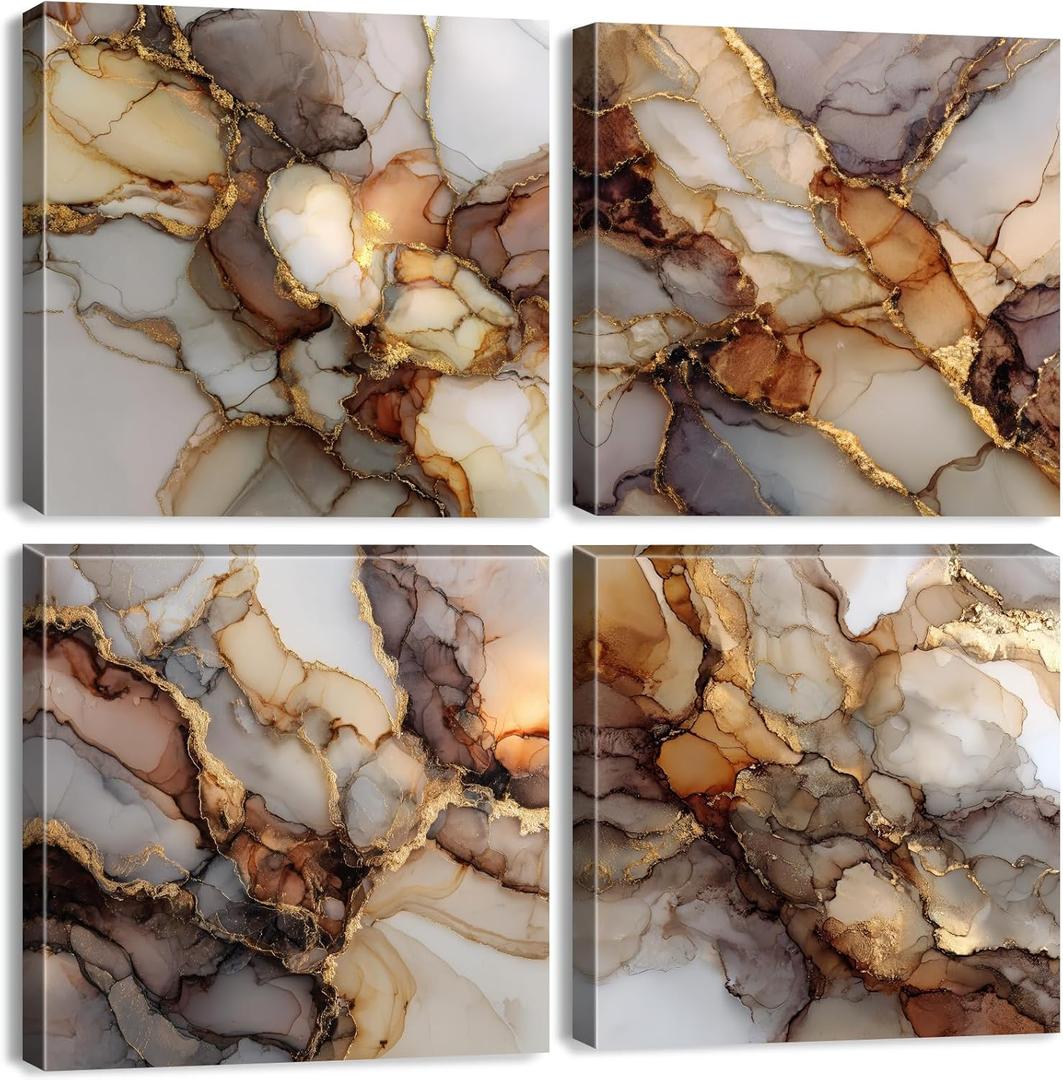 Gold Abstract Canvas Wall Art Marble Paintings Wall Decor Modern Fluid Texture Pictures for Walls Modern Home Decor Luxury Posters for Living Room Bedroom Office Artwork Decorations 12x12 4 Pcs