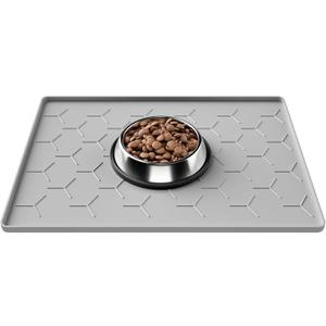 Pieviev 16''x12'' Dog Cat Food Bowl Mat, Silicone Waterproof Food Grade Pet Food Mat for Floor, High Raised Edge to Prevent Spills, Non-Slip & Easy Clean Pet Placemat for Dog & Cat Bowls, Light Gray