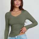 ANRABESS Long Sleeve Shirts for Women V Neck Ribbed Knit Fitted Fall Basic Tshirts Going Out Tops 2026 Casual Trendy Clothes (Green, S)