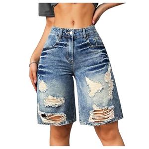 WDIRARA Women's Ripped Raw Hem Bermuda Denim Shorts Mid Rise Distressed Jean Shorts Streetwear Blue 31