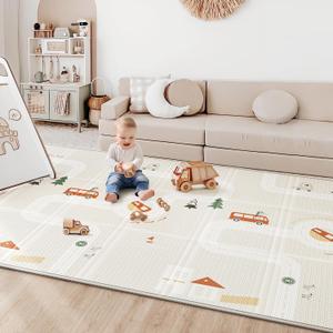 Baby Play Mat 50"*78" Foldable Foam Baby Play Mat for Floor Reversible Waterproof Playmats for Babies Boy and Toddlers Infants Edge Reinforcement Crawling Mat for Indoor&Outdoor&Travel (City&Bus)