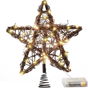 Christmas Star Tree Toppers Rattan Natural Xmas Tree Topper Lighted with 10 Inch 50led Warm White Lights, Rustic Star Treetop for Christmas Ornament Indoor Party Decoration
