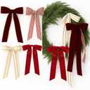8 Pcs Christmas Wreath Bow Farmhouse Stripe Velvet Bows Ribbon Ornaments for Christmas Tree Topper Front Door Home Decor Winter Party Indoor Outdoor Decoration (Elegant)