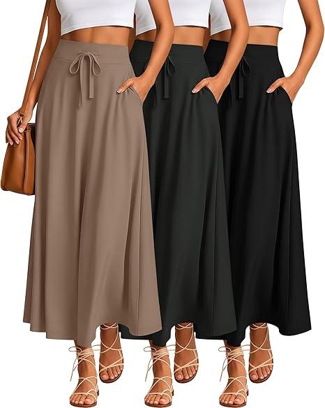 Riyiper 3 Pack Women's Maxi Skirts Long Skirts with Pockets High Waist a Line Drawstring Ankle Length Flowing Casual Summer, Size XXL