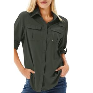 Women's UPF 50 Long Sleeve UV Sun Protection Safari Shirts Outdoor Quick Dry Fishing Hiking Travel Shirts Green XS