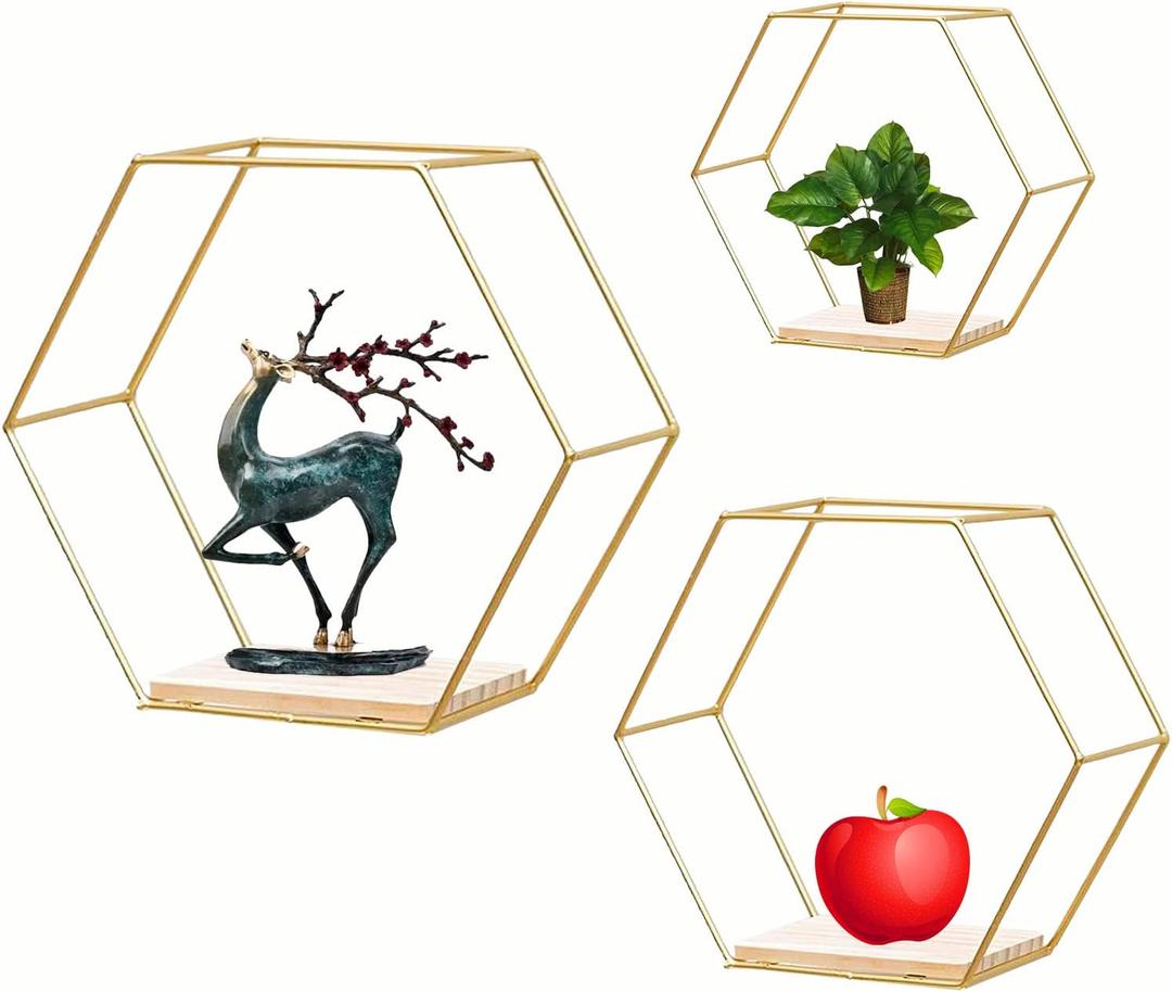 Wall Mounted Hexagon Floating Shelves, Metal Framed Gold Shelf with Wooden Wall Floor Storage Shelves, Modern Wall Decor for Living Room, Bedroom, Kitchen, Office, Set of 3 Size