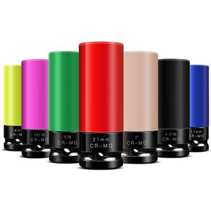 BOEN 1/2" Drive Impact Lug Nut Socket, 7 Pieces Non-Marring Wheel Protector Thin Wall Deep Socket Set, Metric 17 19 21 mm | SAE 13/16 7/8 1 1-1/16 inch, 6 Point Design, Color-Coded, CR-MO Steel