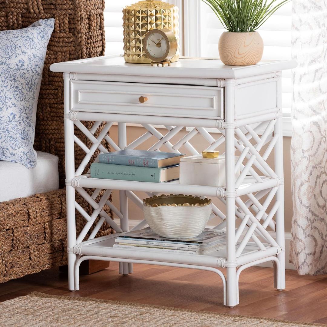 bali & pari Tiaret Natural Rattan Nightstand with Drawer and Shelves  Chippendale-Style Bedside Table for Bedroom or Coastal Living Spaces, White, 1-Drawer, 24-inch Wide