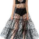 Women's See Through Tulle Maxi Dress Shiny Sequined Stars Spaghetti Strap Cover Up Dresses Festival Outfit (Medium, Black)