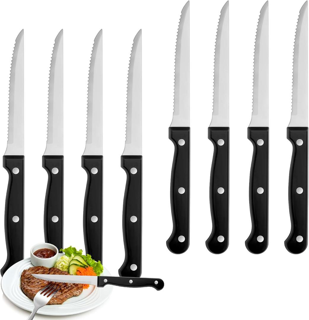 Steak Knives Set of 8, Sharp Triple Rivet Steak Knife Sets, High-Carbon Stainless Steel Serrated Blades, Ergonomic Handles Serrated Steak Knives, Dinner Knife for Kitchen Restaurant, Dishwasher Safe (Silver)
