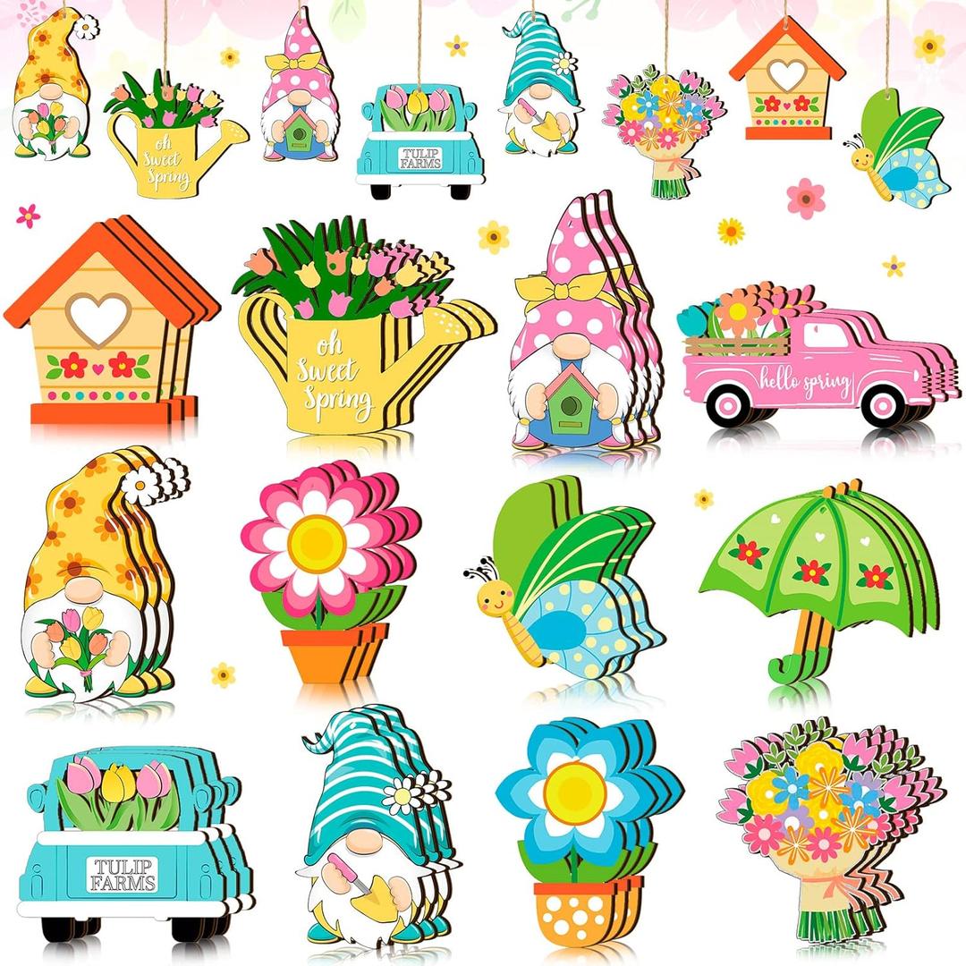 Ferraycle 36 Pieces Spring Flower Ornaments Floral Tree Ornaments Easter Wood Tulip Hanging Decorations Wooden Gnome Decorations for Home Colorful Flower Decor for Small Tree DIY Craft (Spring)
