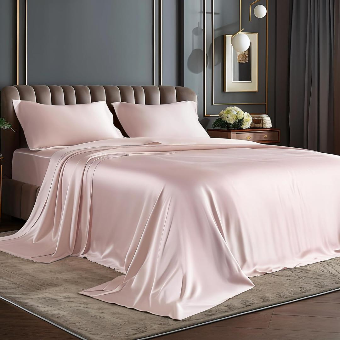 BEDELITE Satin Sheets Full Size Bed Set, Luxury Soft Pink Silky Sheets for Hair and Skin, Similar to Silk Bed Sheets Set 4 Pieces with 1 Deep Pocket Fitted Sheet, 1 Flat Sheet, and 2 Pillowcases