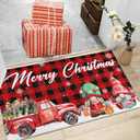 Merry Christmas Red Truck Gnomes Snowflake Buffalo Plaid Doormat 30"x17", Seasonal Winter Xmas Holiday Low-Profile Non-Slip Floor Mat Switch Mat for Indoor Outdoor