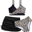 RoseSeek Girls 3 Piece Bikini Set with Ruched Skirt Cheetah Print Wrap Swimsuit Cute Bathing Suit Beachwear (Black)