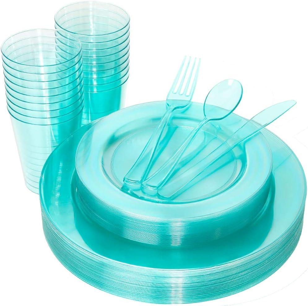 WDF 25 Guest Green Plastic Plates with Disposable Silverware&Green Cups-Neon Clear Plastic Dinnerware include 25 Dinner & Salad Plates, 25 Forks, 25 Knives, 25 Spoons, 25 Cups for Party