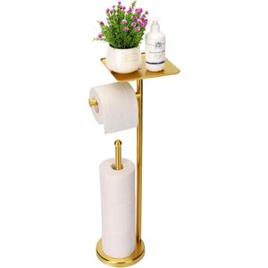 Noonext Gold Toilet Paper Holder Stand, Freestanding Toilet Paper Stand with Tray for Small Items, Toilet Paper Holder with Shelf, Storage Space for 4 Extra Toilet Paper Rolls (Gold)