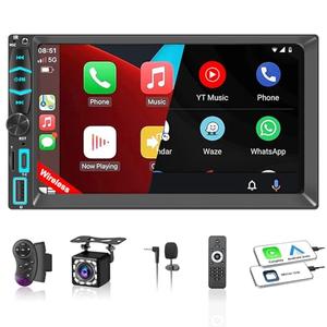 Double Din Car Stereo with 7" HD Touchscreen, Wireless Apple Carplay & Android Auto, Backup Camera, Bluetooth, SWC, Mirror Link, Type-C, FM/AM Car Radio Receiver