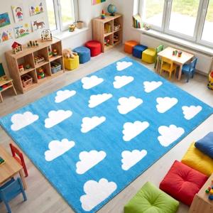 Breling Classroom Carpets Playmat Rugs 6x9 ft Blue Kids Classroom Rugs with Rubber Backing, Cloud Pattern Children's Seating Nursery Play Mat for Preschool Elementary Playroom Kindergarten