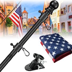 Barcetine Flag Pole Kit with 3x5 US Flag - Includes 5ft Heavy Duty Tangle Free Flagpole,Weather Resistant 3x5 Embroidered American Flag,Aluminum Holder Bracket,for Outside House,Porch,Outdoor (Black)
