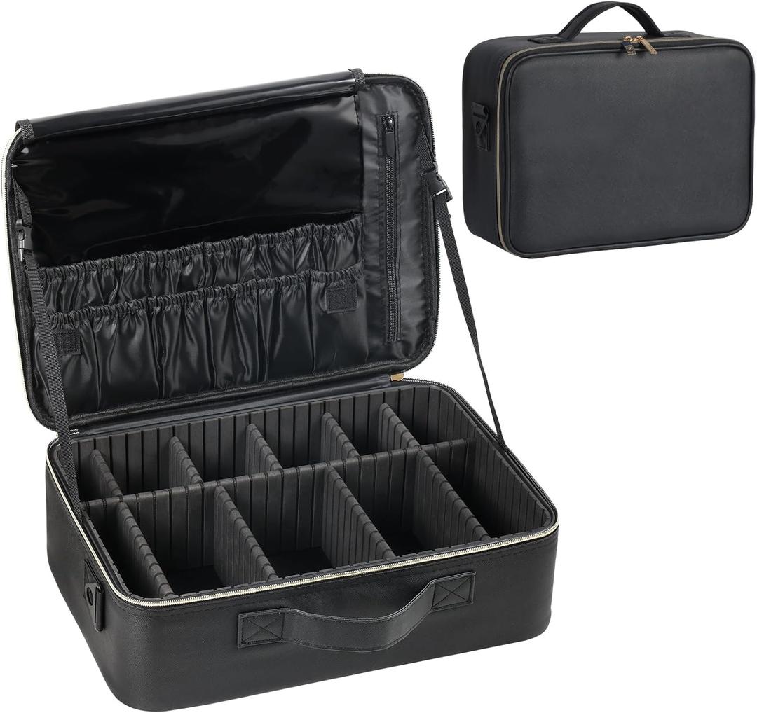 Makeup Travel Case, 16 Inch Makeup Artist Bag with Compartment and Dividers, Portable Cosmetic Bag for Women with Brush Storage Sturdy Dual Zip Closure, Waterproof, Durable, Gift for Her, Black (Extra Large)