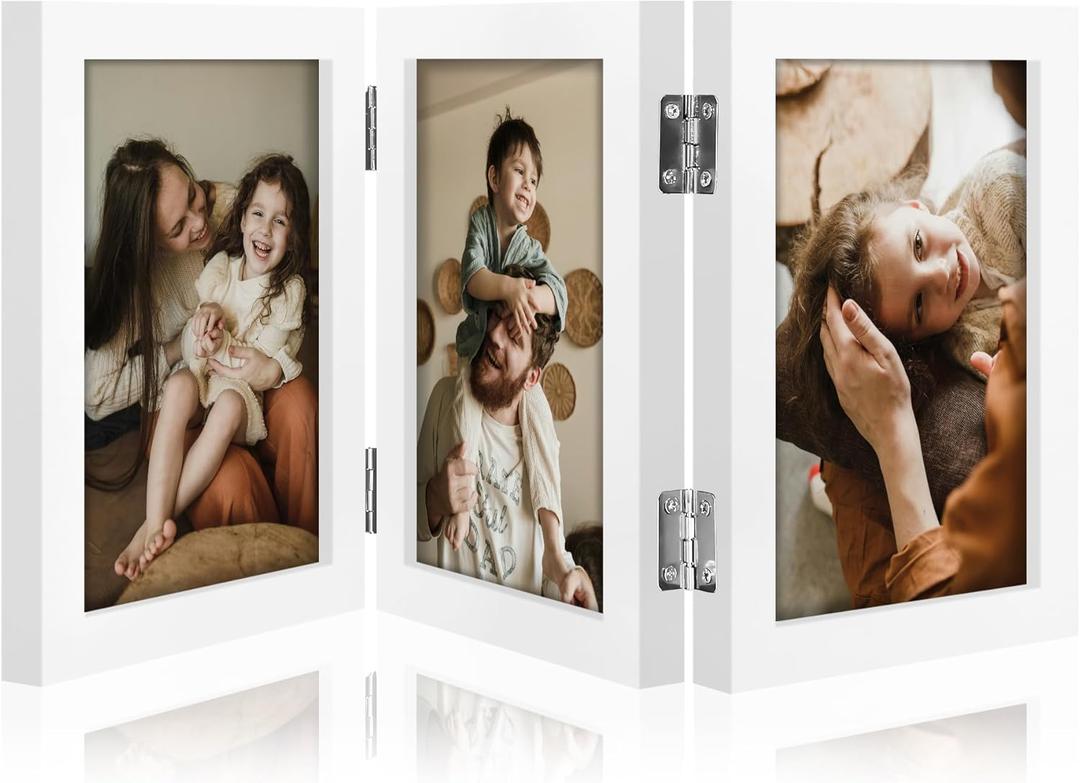 decorUhome Triple 4x6 Picture Frame Vertical, Engineered Wood Trifold Photo Frame with Plexiglass for Tabletop Display, 4x6, White