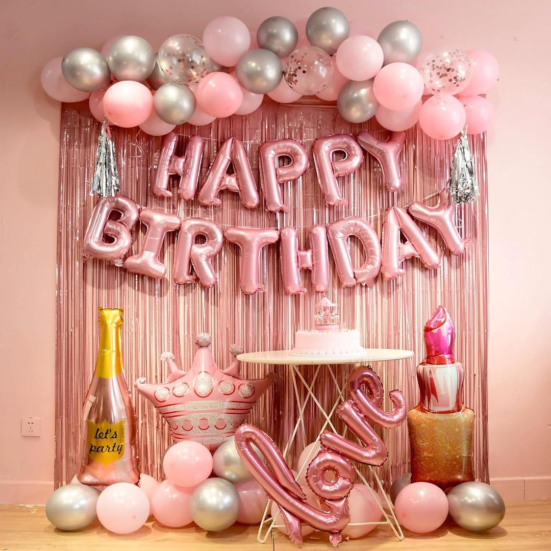 Pink birthday decorations for women ，happy birthday party decorations for girls，pink Fringe Curtain，happy birthday banner，happy birthday balloons，happy birthday balloon letters (HB-pink)