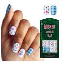 WICKED X KISS Press On Nails, Marvelous Munchkinland, Blue, Short Squoval, Waterproof, Chip Proof, Smudge Proof, 28 Fake Nails, Pink Gel Nail Glue (2g), Mini Nail File, & Manicure Stick