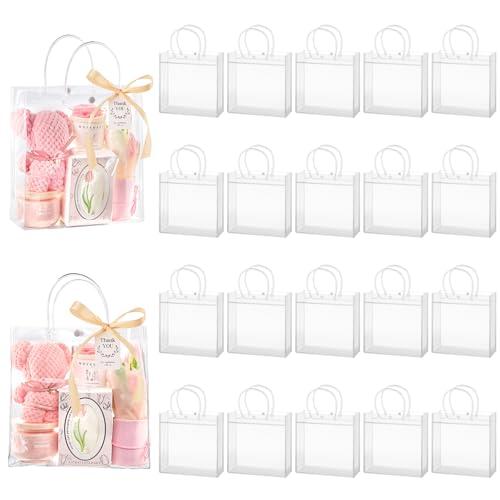 Mauproy 20 Pack Clear Plastic Gift Bags with Handles, Party Favor Bags with Ribbons and Tags, Reusable Goodie Tote Bags for Valentine's Day Wedding Baby Shower (9.8” x 9.8” x 3.5")