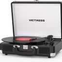 Vinyl Record Player with Bluetooth in/Out, Vintage Portable Suitcase Record Player, 3-Speed LP Turntable with USB Vinyl-to-MP3 Conversion, Stereo Speakers, RCA in & Headphone Jack, Black