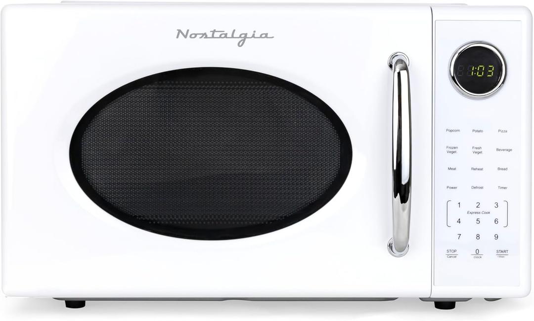 Nostalgia Retro 1000W Microwave Oven 1.1 Cu Ft Capacity  Child Safety Lock, 8 Auto-Cook Settings  Countertop Kitchen Appliance  White