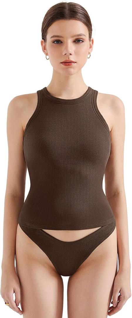 SUUKSESS Women Padded Cotton Ribbed Tank Tops 2025 High Neck Racerback Basic Tops (X-Large, Dark Brown)