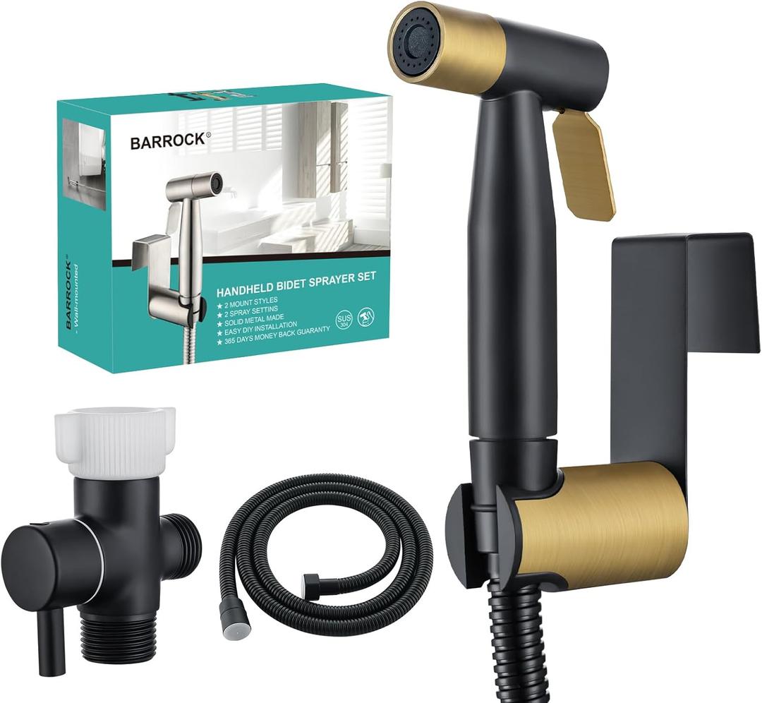 BARROCK Handheld Bidet Sprayer for Toilet, Stainless Steel Metal Made Baby Cloth Diaper Spraying Kit, Bathroom Toilet Bidet Attachment Set for Bathing Pets and Feminine Washing,Matte Black and Gold