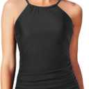 Tempt Me Women Tankini Top Only High Neck Bathing Suit Top Tummy Control Ruched Swimsuit Without Bottom (Small, Black)