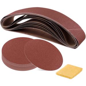 Glarks 23Pcs Sanding Belts and Sanding Discs Set Including 10Pcs 4 x 36 Inch 80/120/150/240/400 Grits Sanding Belts and 12Pcs 80/100/120/180/ 240/400 Grits Self Adhesive No-Hole Sticky Sanding Discs