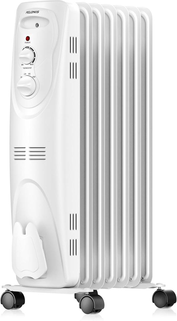 PELONIS PHO15A2AGW, Basic Electric Oil Filled Radiator, 1500W Portable Full Room Radiant Space Heater with Adjustable Thermostat, White, 26.10 x 14.20 x 11.00 in