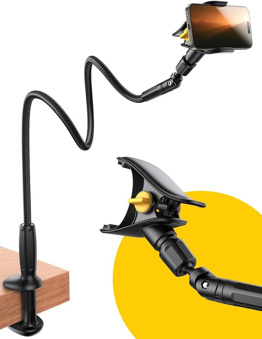 JOYROOM Gooseneck Phone Holder for Bed - [Safety Lock] & [Nylon Braid] 39.37 Flexible Long Arm Phone Stand for Desk, 720 Adjustable Overhead Phone Mount for iPhone 16, All 4-7" Devices (Carbon Black)