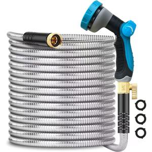 Metal Garden-Hose 200Ft Stainless Steel Water Hose Heavy Duty with 10 Way Nozzle-Flexible Lightweight Durable No Kink & Tangle，Strong 3/4’’ Solid Metal Fitting Shut-Off Valve for Outdoor Yard