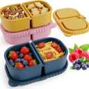 3 Pack Reusable Silicone Snack Containers with Lids, 8.5oz 2 Compartment Snackle Box Containers, Ideal Portable Small Snack Pack Containers for School, Office and Picnic (Blue, Pink, Yellow)