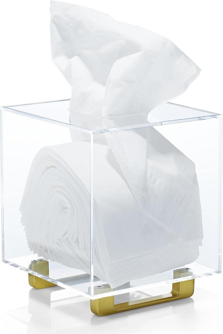 YoBa Thick Clear Acrylic Square Tissue Box Holder with Gold Plated Aluminum Legs for Bathroom, Kitchen, Bedroom, Office, Hotels and Restaurants