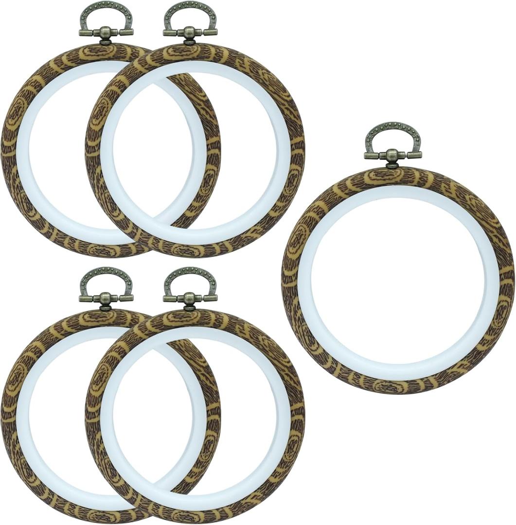 Kyuionty 5 Pack 4 Inch Round Embroidery Hoops, Cross Stitch Imitated Wood Display Frame Circle Embroidery Hoop Ring for Art Craft Sewing and Hanging