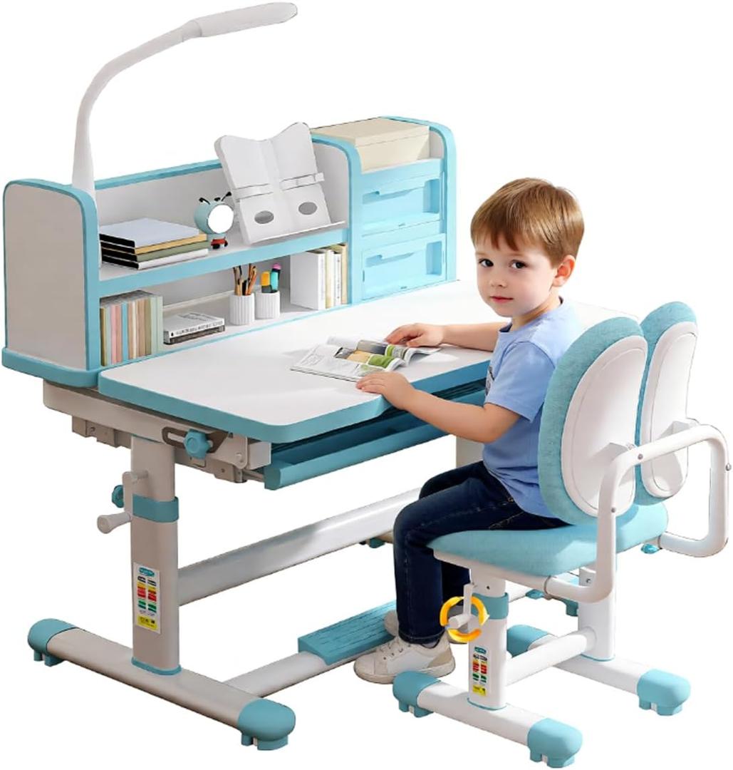 Kids Study Desk and Chair Set 3-18 Years Ergonomic Height Adjustable Children School Study Desk with Tilt Desktop, Drawer Boy and Girl Table and Chair Set 3 Modes Light (Blue)