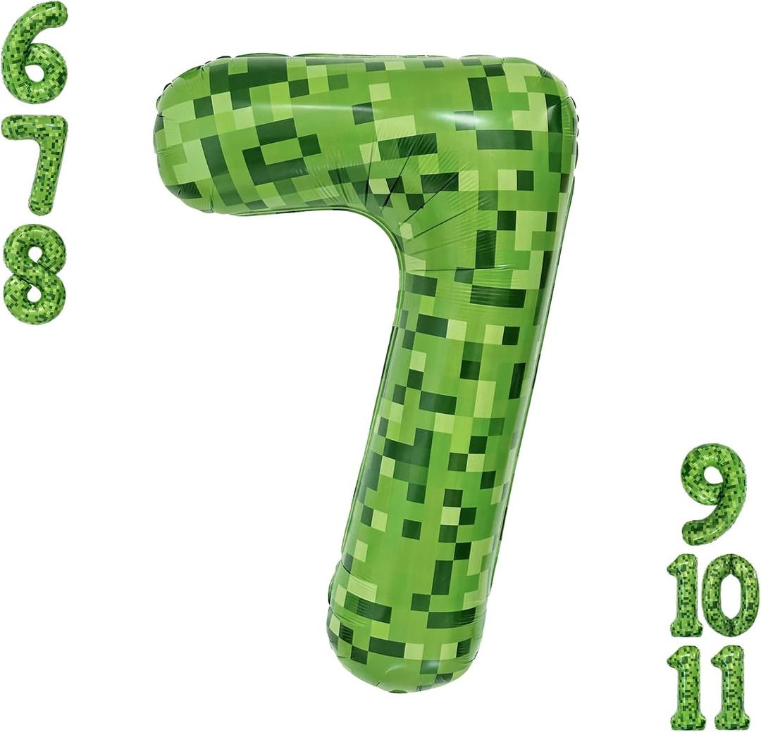 3 x Video Game Number 7 Balloon Different shades of Green Number Balloons for Game Birthday Decorations, Pixel Game Party Supplies 7 Number Balloon