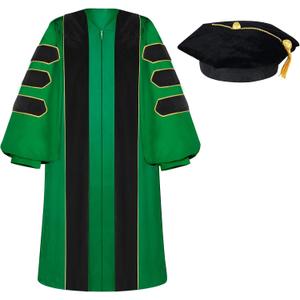 Unisex Deluxe Doctoral Graduation Gown with 8 Sides Doctorate Tam | Gold Piping Doctoral Regalia for Graduation Ceremony Emerald Green-54 (Green)