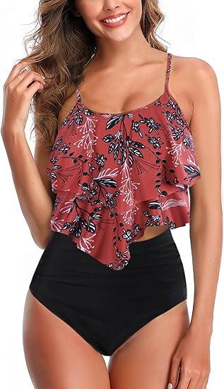 Womens Tankini Swimsuits Ruffled Tank Top Tummy Control Floral Modest Swimwear High Waisted Bikini, S