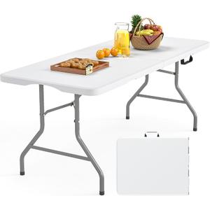 6FT Folding Table Heavy Duty Portable HDPE Plastic Table 350lbs Capacity Fold in Half Design with Handle Waterproof Surface for Indoor Outdoor Picnic Camping Events (New Upgrade-White, 6FT)