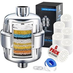 Chrome 20 Stage Vitamin C Shower Filter with 6 Cartridges – Reduces Dry Skin, Dandruff, Eczema & Hair Loss | High Output Hard Water Softener to Remove Chlorine, Fluoride & Heavy Metals