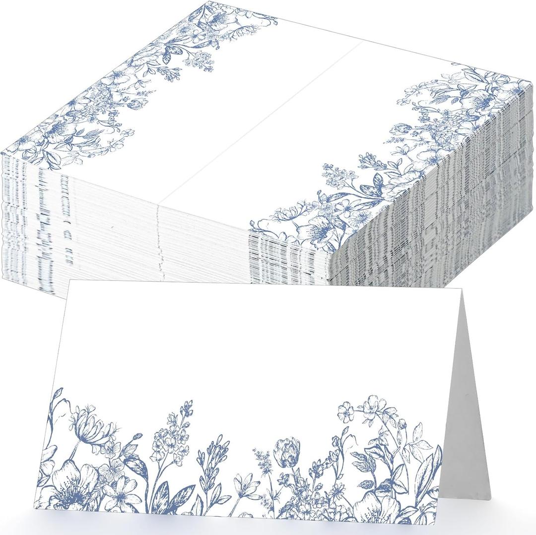 100 Pcs Blue Floral Place Cards 3.5" x 2" Chinoiserie Blue White Flower Tented Name Card Blank Table Name Sign for Wedding Baby Shower Birthday Party Banquet Table Setting Supplies